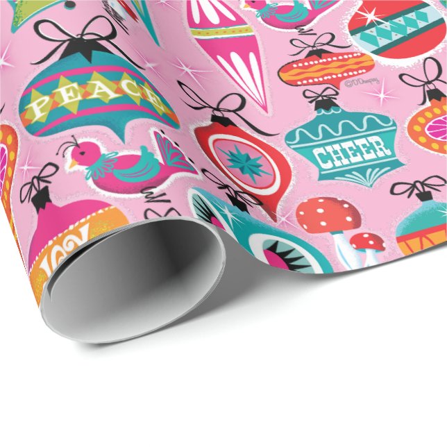 Mid-Century Modern Ornaments Christmas Pink Wrapping Paper (Roll Corner)