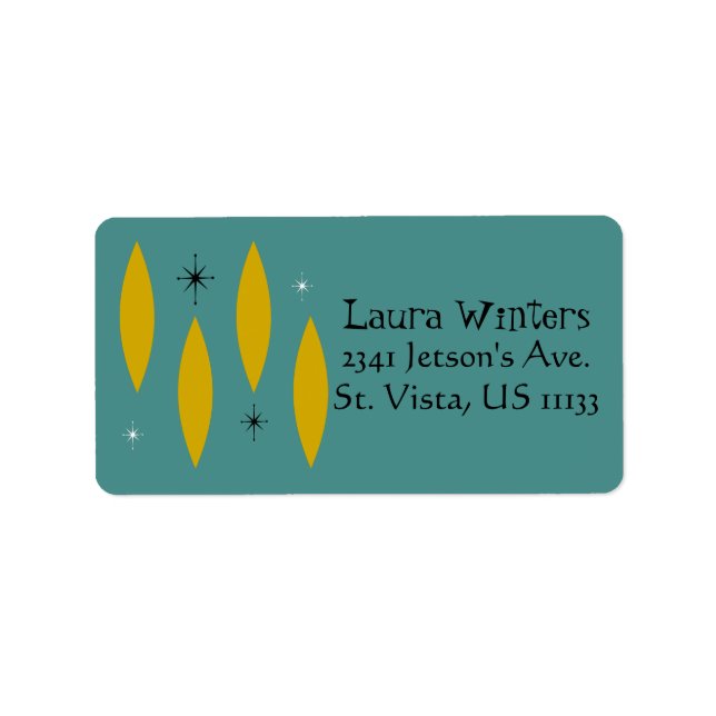 Mid Century Modern Ovals, Starbursts, Gold on Teal Label (Front)