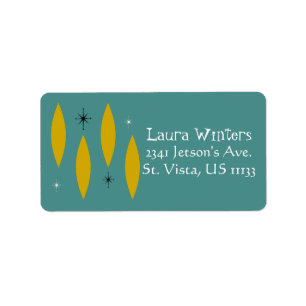 Mid Century Modern Ovals, Starbursts, Gold on Teal Label