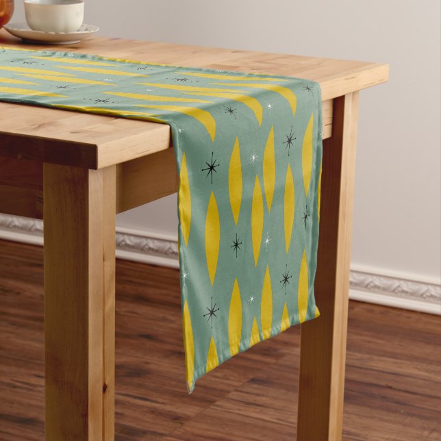 Mid Century Modern Ovals, Starbursts, Gold on Teal Medium Table Runner (In Situ)