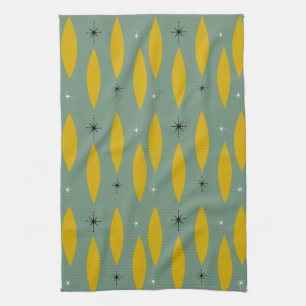 Mid Century Modern Ovals, Starbursts, Gold on Teal Tea Towel
