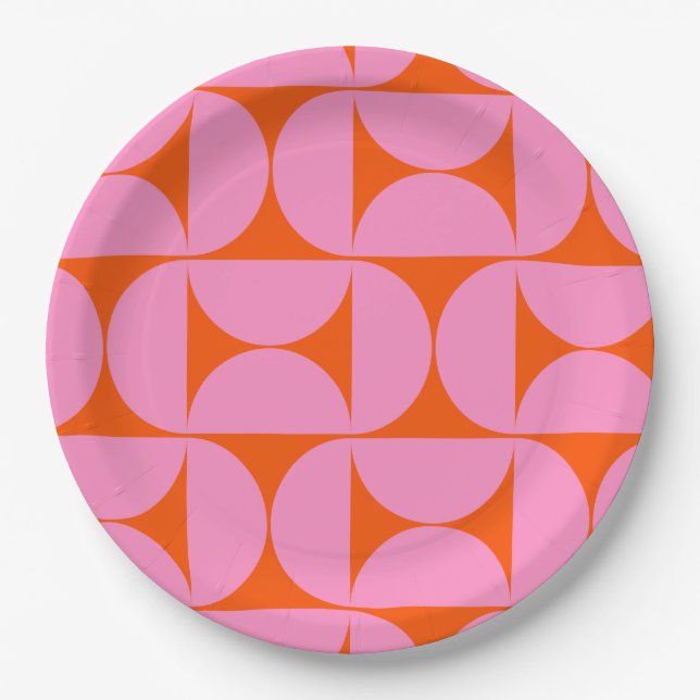 Mid Century Modern Pattern Preppy Pink And Orange Paper Plate (Front)