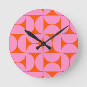 Mid Century Modern Pattern Preppy Pink And Orange Round Clock