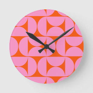 Mid Century Modern Pattern Preppy Pink And Orange Round Clock