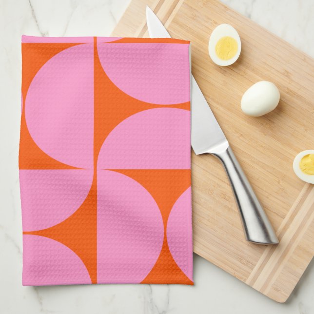 Mid Century Modern Pattern Preppy Pink And Orange Tea Towel (Quarter Fold)