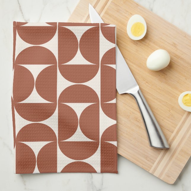 Mid Century Modern Pattern Rust Terracotta Tea Towel (Quarter Fold)
