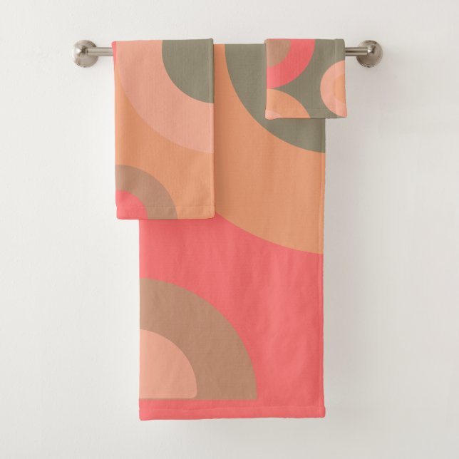 Mid-Century Modern Peach and Olive      Bath Towel Set (Insitu)