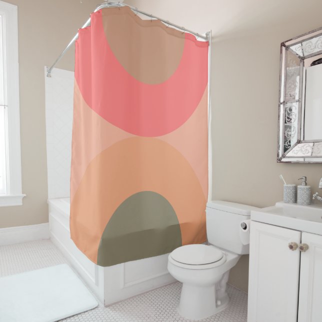 Mid-Century Modern Peach and Olive   Shower Curtain (In Situ)
