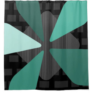 Mid Century Modern ‘Petals’ Art Black Turquoise Shower Curtain