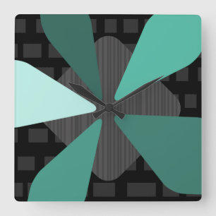 Mid Century Modern ‘Petals’ Art Black Turquoise Square Wall Clock