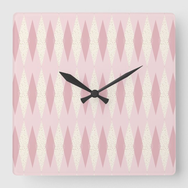 Mid Century Modern Pink Argyle Square Wall Clock (Front)