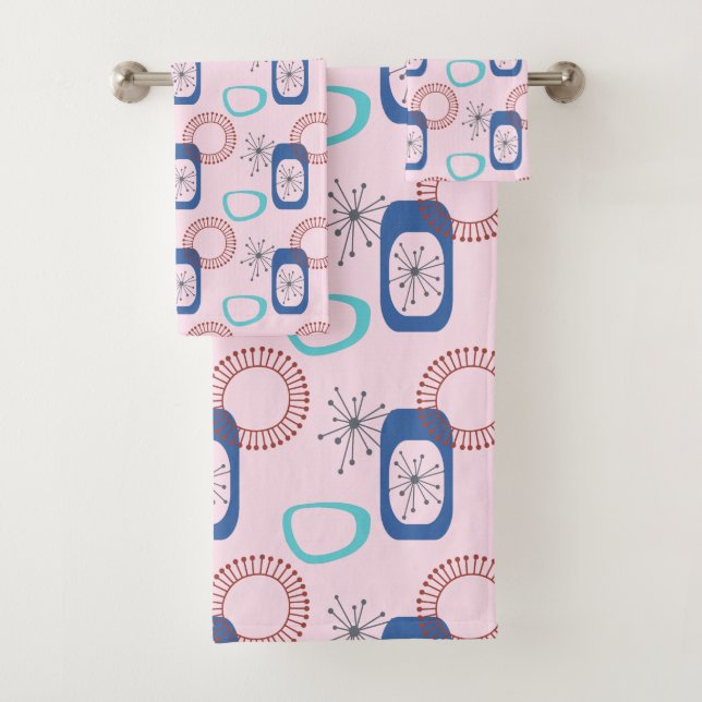 Mid Century Modern Pink Atomic Starbursts   Bath T Towel Set (Insitu)