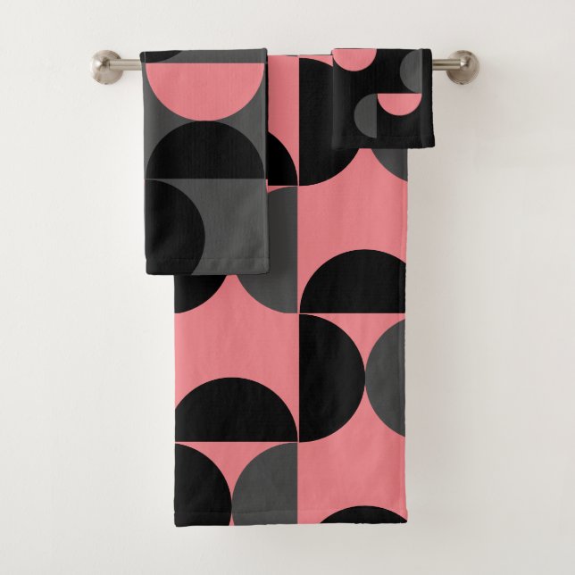 Mid-Century Modern Pink black and grey Bath Towel Set (Insitu)