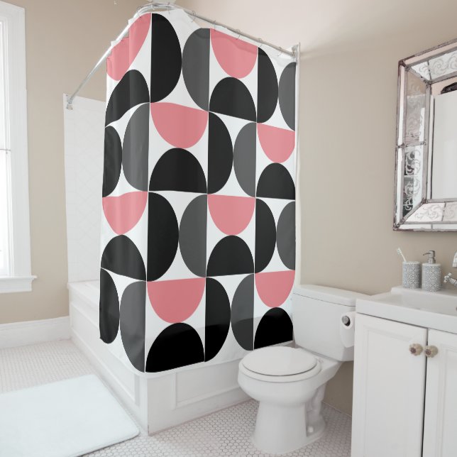 Mid-Century Modern Pink Black and White  Shower Curtain (In Situ)