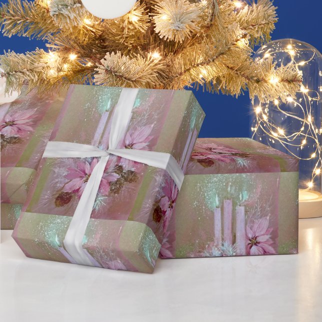 Mid Century Modern Pink Candles & Poinsettia Wrapping Paper (Holidays)