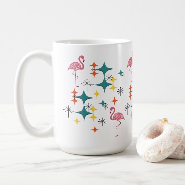 Mid Century Modern Pink Flamingo Diamond Starburst Coffee Mug (With Donut)