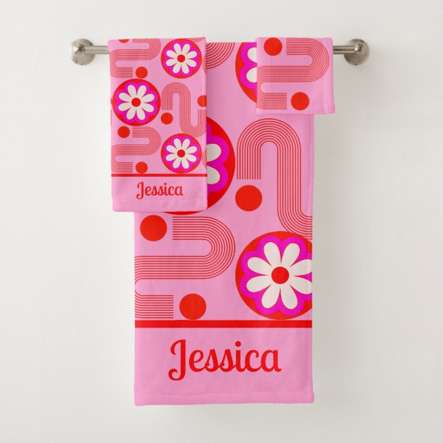 Mid Century Modern Pink Floral Pattern with Name  Bath Towel Set (Insitu)