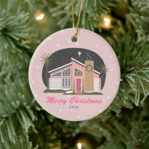 Mid Century Modern Pink House Christmas Ceramic Or Tree Decoration