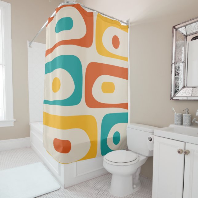 Mid Century Modern Piquet Abstract Pattern Orange  Shower Curtain (In Situ)