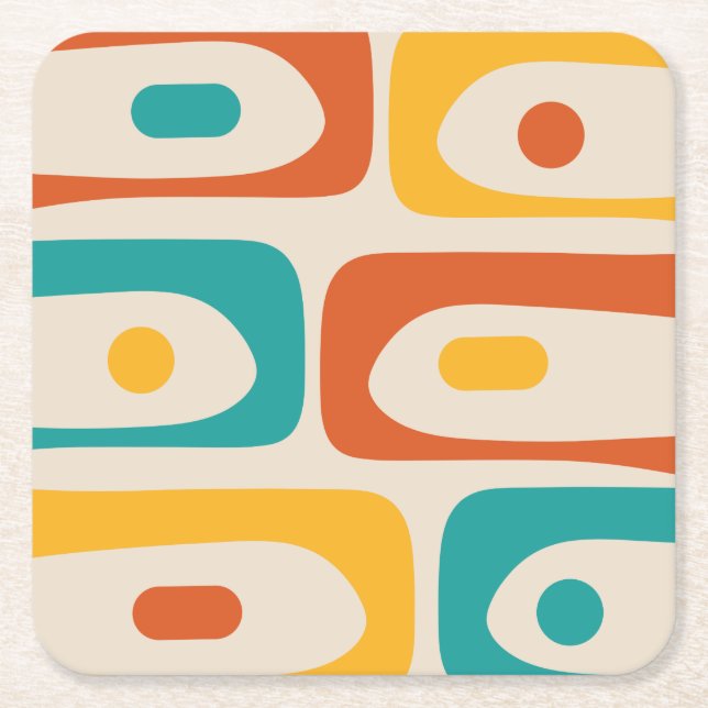 Mid Century Modern Piquet Abstract Pattern Orange Square Paper Coaster (Front)