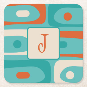 Mid Century Modern Piquet Abstract Turquoise Square Paper Coaster