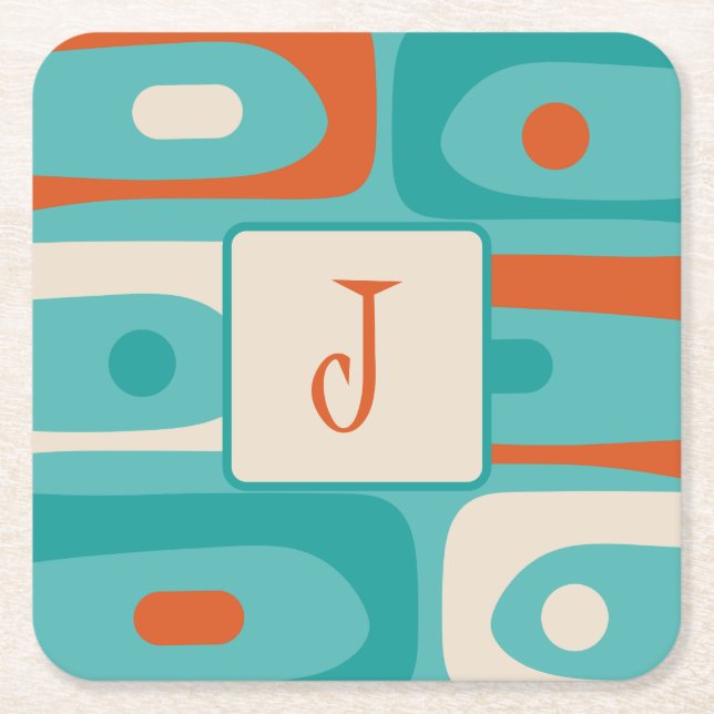 Mid Century Modern Piquet Abstract Turquoise  Square Paper Coaster (Front)