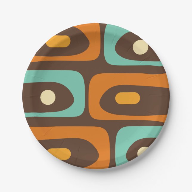 Mid-century Modern Piquet Pattern Brown Orange Paper Plate (Front)