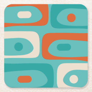 Mid-century Modern Piquet Pattern Teal Orange Square Paper Coaster