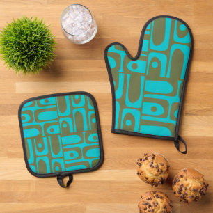 Mid Century Modern Piquet Turquoise Olive Pattern Oven Mitt & Pot Holder Set