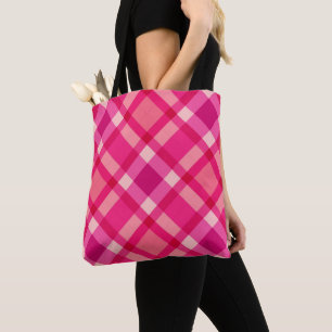 Mid-Century Modern Plaid, Fuchsia Pink and Wine Tote Bag