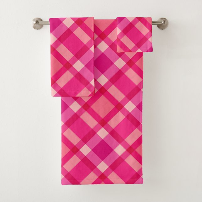 Mid-Century Modern Plaid, Fuchsia Pink & Coral Red Bath Towel Set (Insitu)