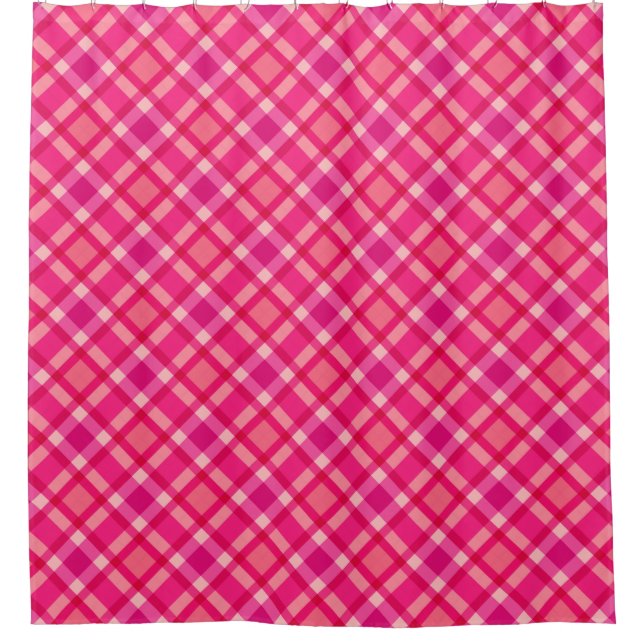 Mid-Century Modern Plaid, Fuchsia Pink & Coral Red Shower Curtain (Front)