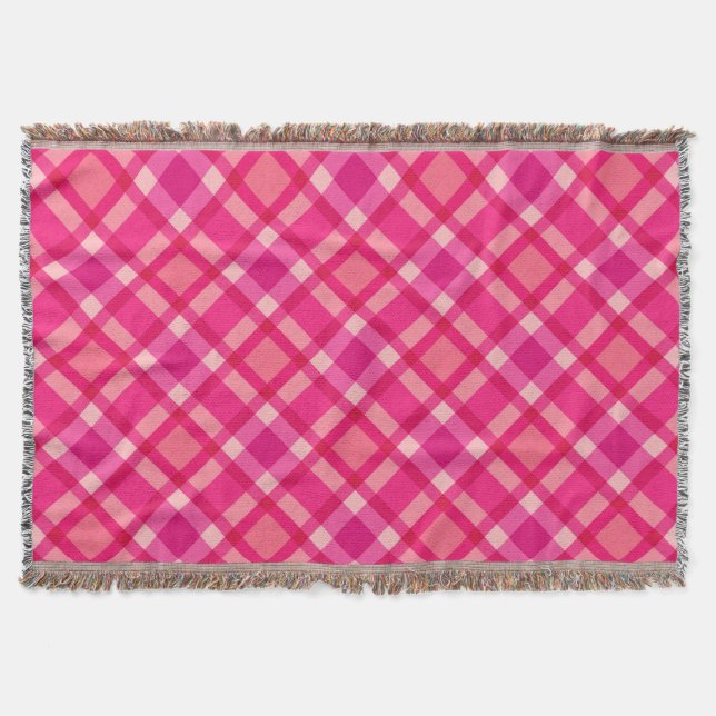 Mid-Century Modern Plaid, Fuchsia Pink & Coral Red Throw Blanket (Front)
