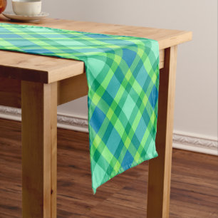 Mid-Century Modern Plaid, Jade Green & Turquoise Short Table Runner