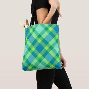 Mid-Century Modern Plaid, Jade Green & Turquoise Tote Bag