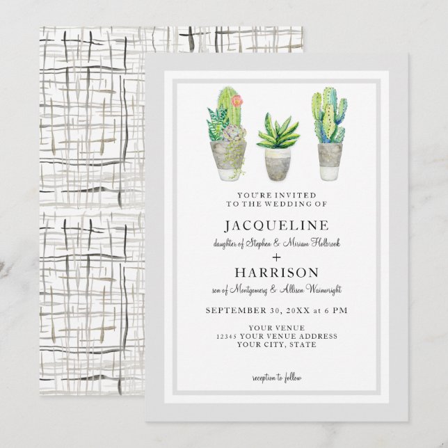 Mid Century Modern Plaid Watercolor Western Desert Invitation (Front/Back)