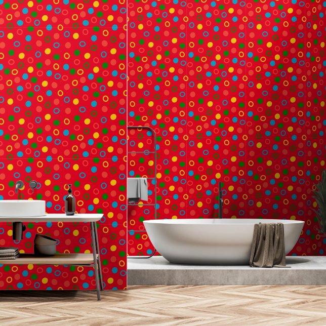Mid century modern polka dot red peel and stick wallpaper (Bathroom)