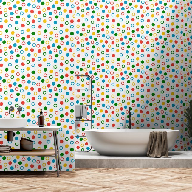 Mid century modern polka dot white peel and stick wallpaper (Bathroom)