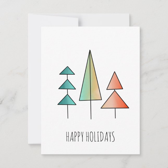 mid century modern rainbow trees blush teal simple holiday card (Front)