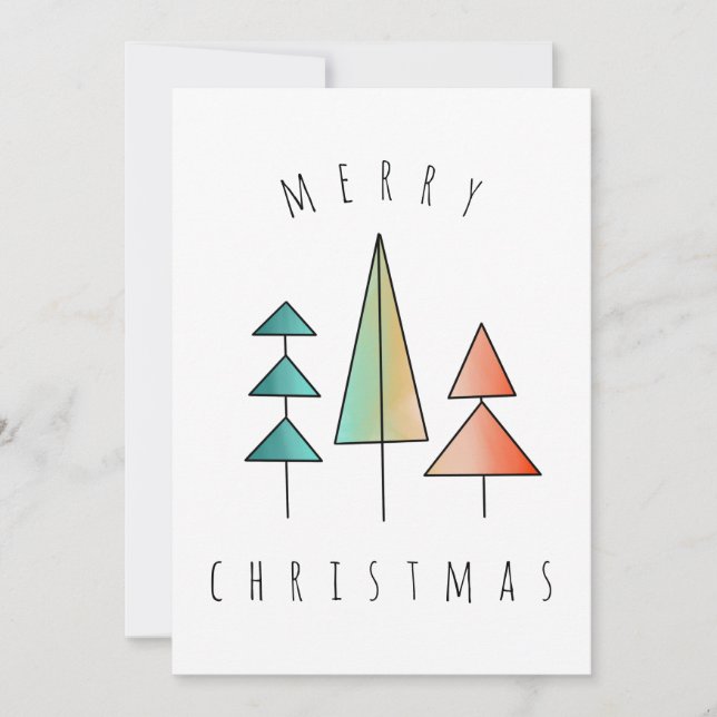 mid century modern rainbow trees blush teal simple holiday card (Front)