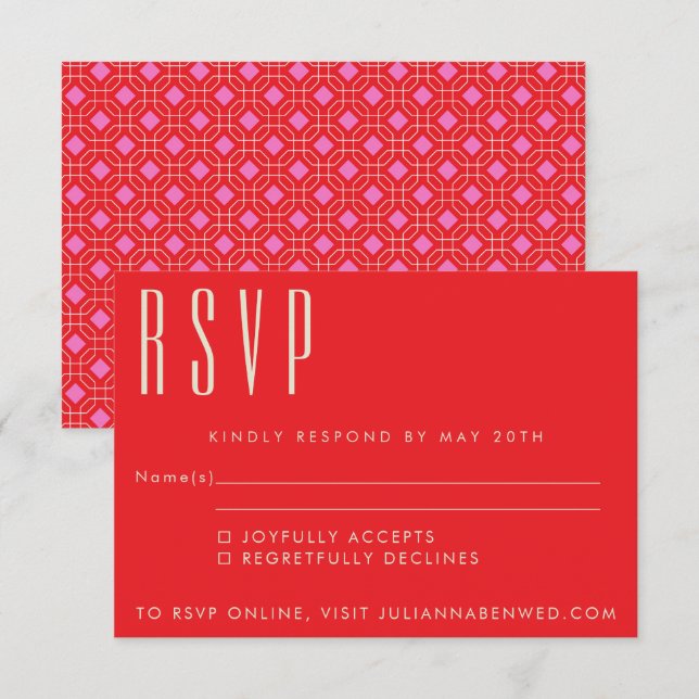 Mid Century Modern Red and Pink Geometric Wedding RSVP Card (Front/Back)