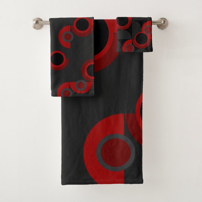 Mid-Century Modern red, black and grey       Bath Towel Set (Insitu)