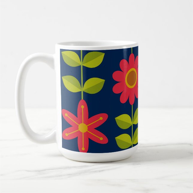 Mid Century Modern red flowers with leaves    Coffee Mug (Left)