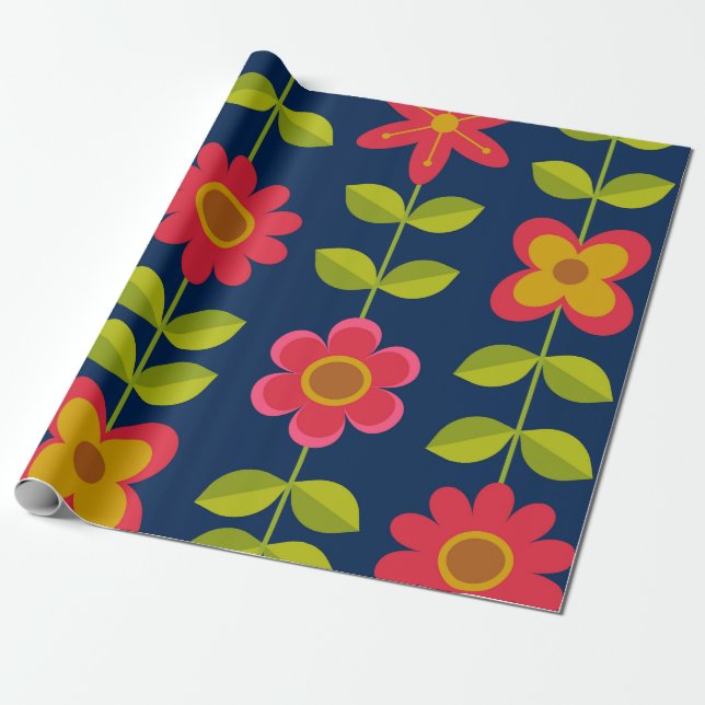 Mid Century Modern red flowers with leaves   Wrapping Paper (Unrolled)