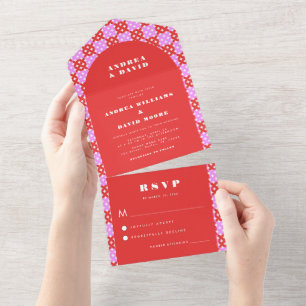 Mid Century Modern Red Pink Arch Geometric Wedding All In One Invitation