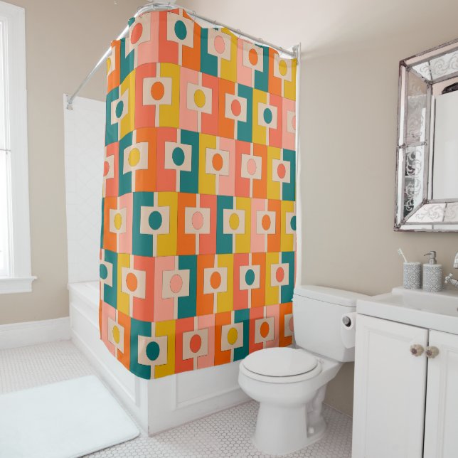 Mid Century Modern Rektangel Geometric Pattern Shower Curtain (In Situ)