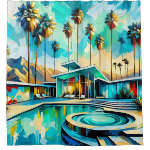 "Mid-Century Modern Retreat: Poolside Elegance" Shower Curtain
