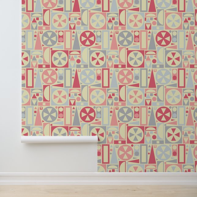 Mid-Century Modern Retro 50s Pink Geometric Wallpaper (Application)