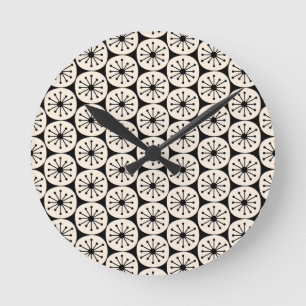 Mid Century Modern Retro Atomic Dots Black Cream Round Clock