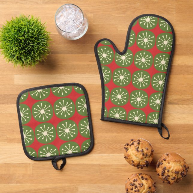 Mid-Century Modern Retro Atomic Dots Christmas Oven Mitt & Pot Holder Set (Top Down)